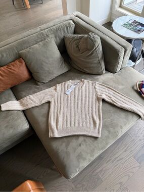 KOTN Cream Cable-Knit Crewneck Sweater (Cotton-linen blend)